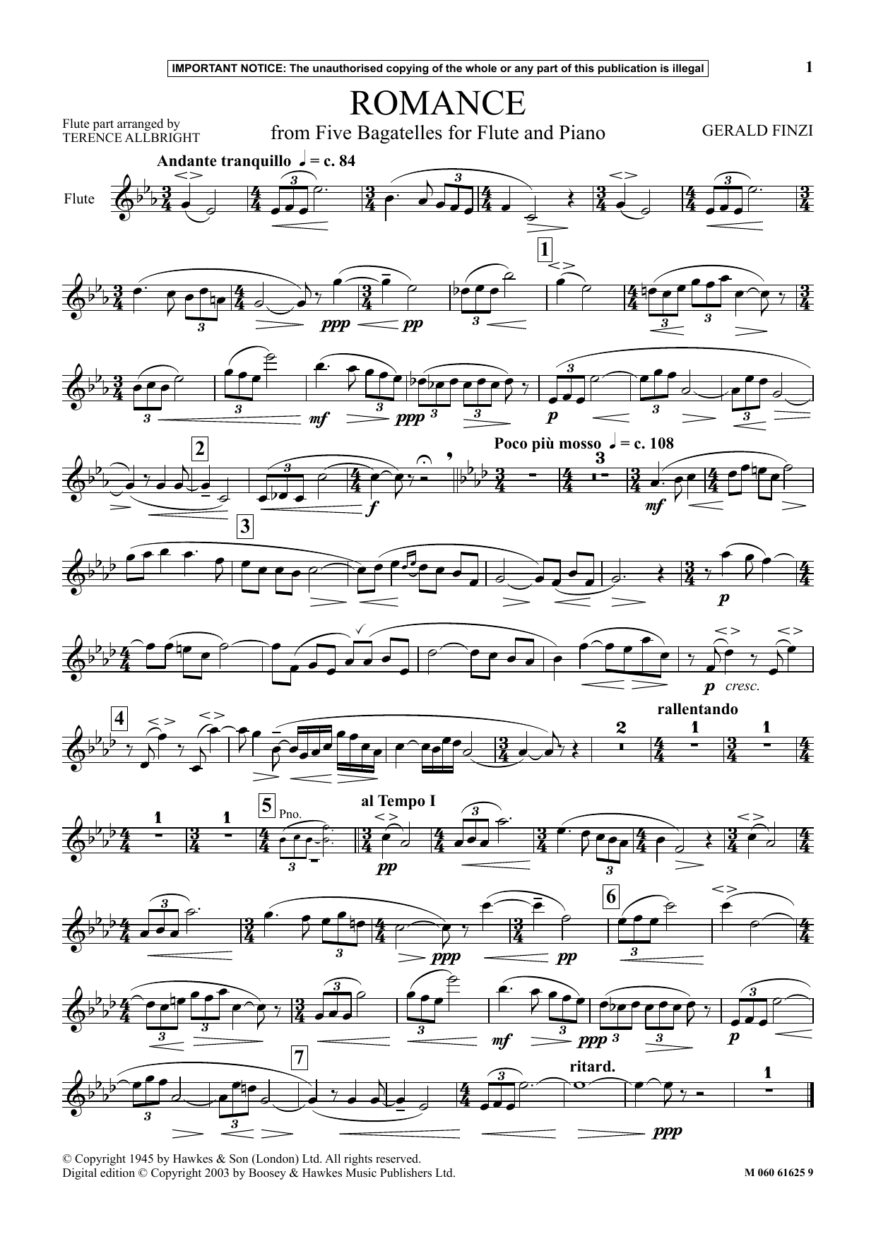 Gerald Finzi Romance (from Five Bagatelles For Flute And Piano) sheet music notes and chords arranged for Flute and Piano
