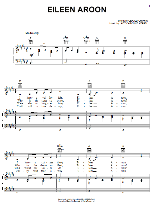 Gerald Griffin Eileen Aroon sheet music notes and chords arranged for Piano, Vocal & Guitar Chords (Right-Hand Melody)