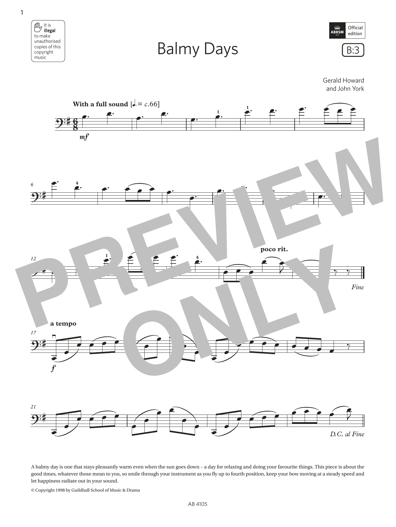 Gerald Howard & John York Balmy Days (Grade 2, B3, from the ABRSM Cello Syllabus from 2024) sheet music notes and chords arranged for Cello Solo