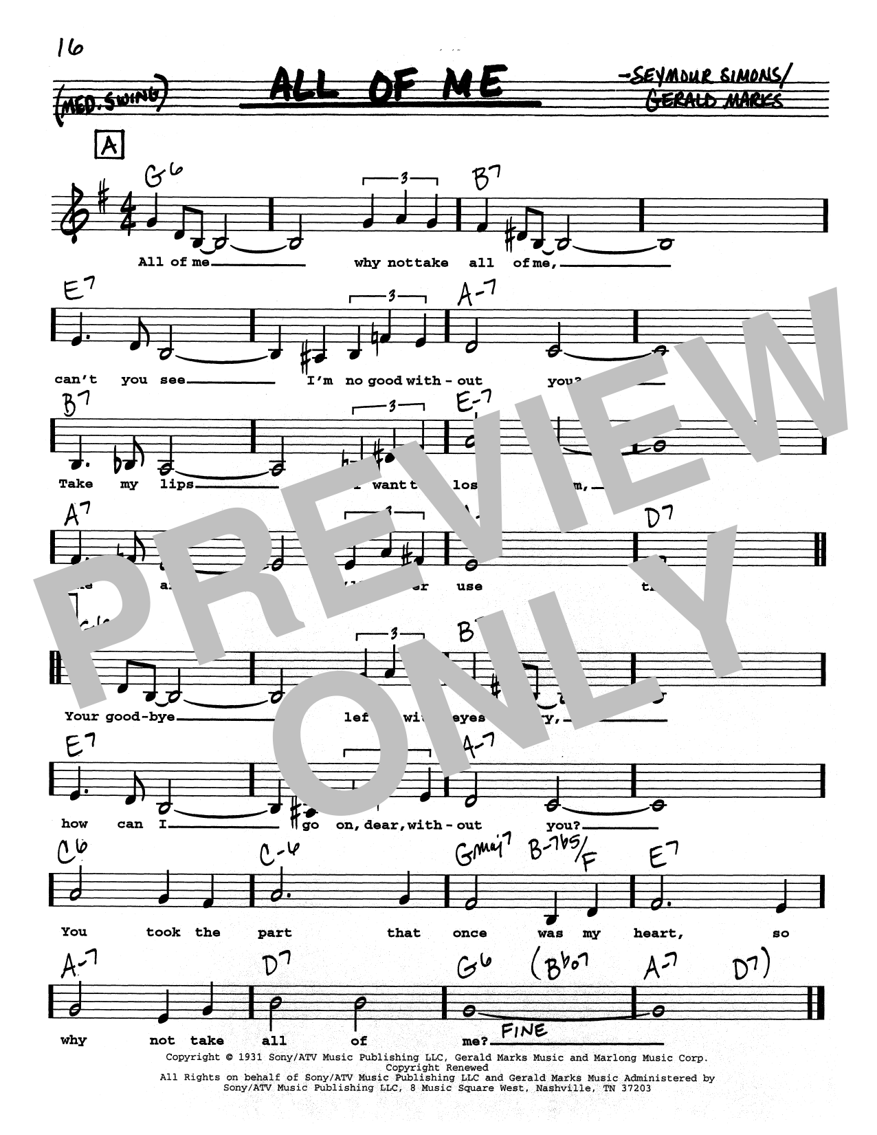 Gerald Marks All Of Me (Low Voice) sheet music notes and chords arranged for Real Book – Melody, Lyrics & Chords