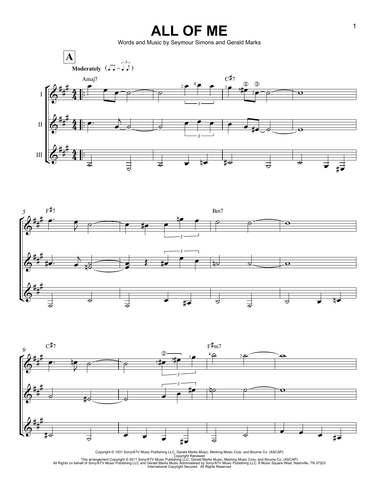 Gerald Marks and Seymour Simons All Of Me sheet music notes and chords arranged for Guitar Ensemble