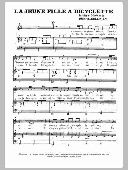 Gerard Lenorman La Jeune Fille A Bicyclette sheet music notes and chords arranged for Piano & Vocal
