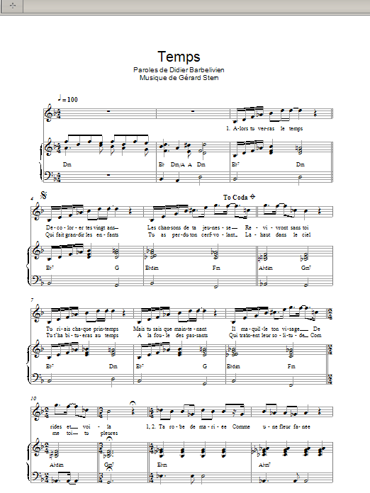 Gerard Lenorman Temps sheet music notes and chords arranged for Piano & Vocal