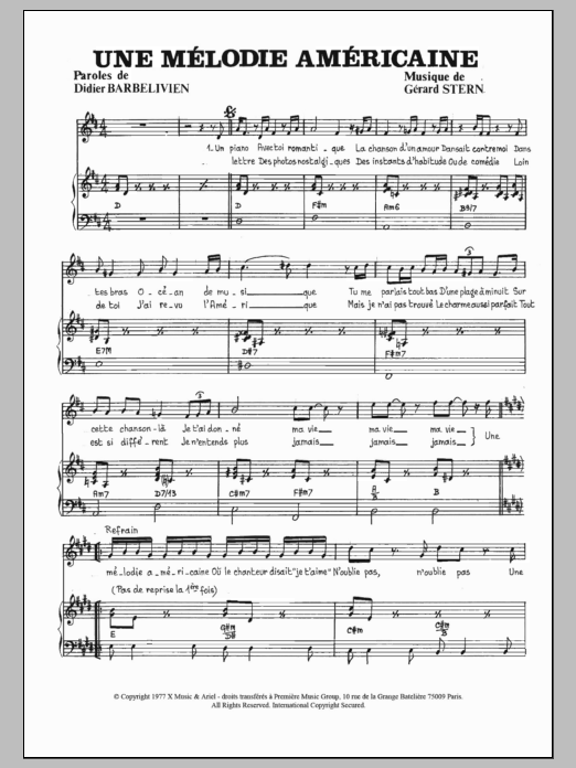 Gerard Stern Une Melodie Americaine sheet music notes and chords arranged for Piano & Vocal