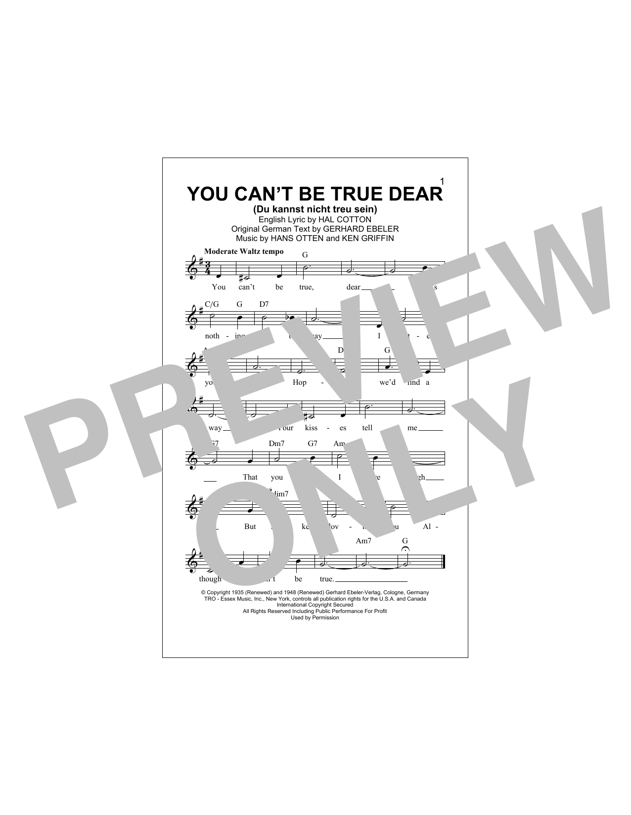 Gerhard Ebeler You Can't Be True Dear (Du Kannst Nicht Treu Sein) sheet music notes and chords arranged for Lead Sheet / Fake Book