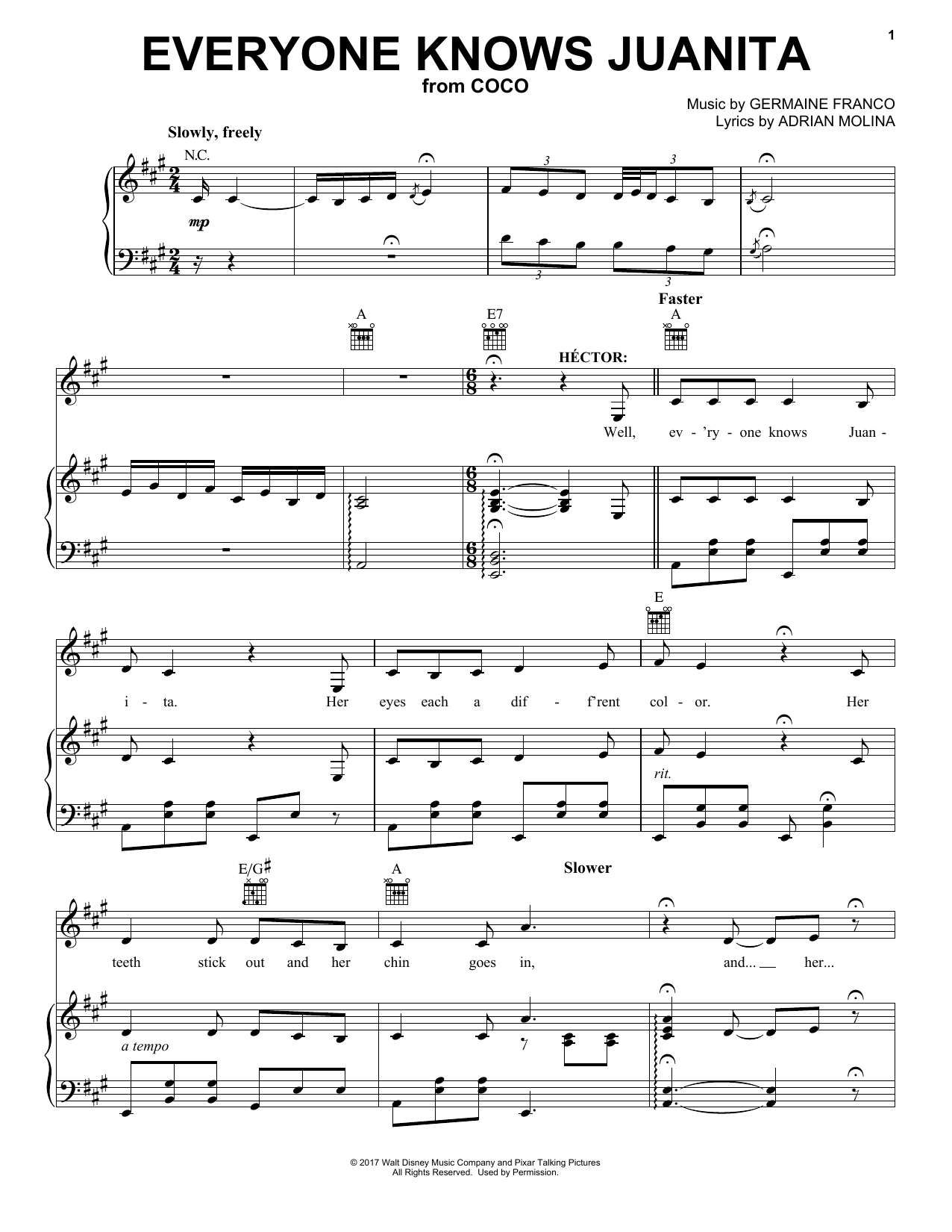 Germaine Franco & Adrian Molina Everyone Knows Juanita (from Coco) sheet music notes and chords arranged for Piano, Vocal & Guitar Chords (Right-Hand Melody)