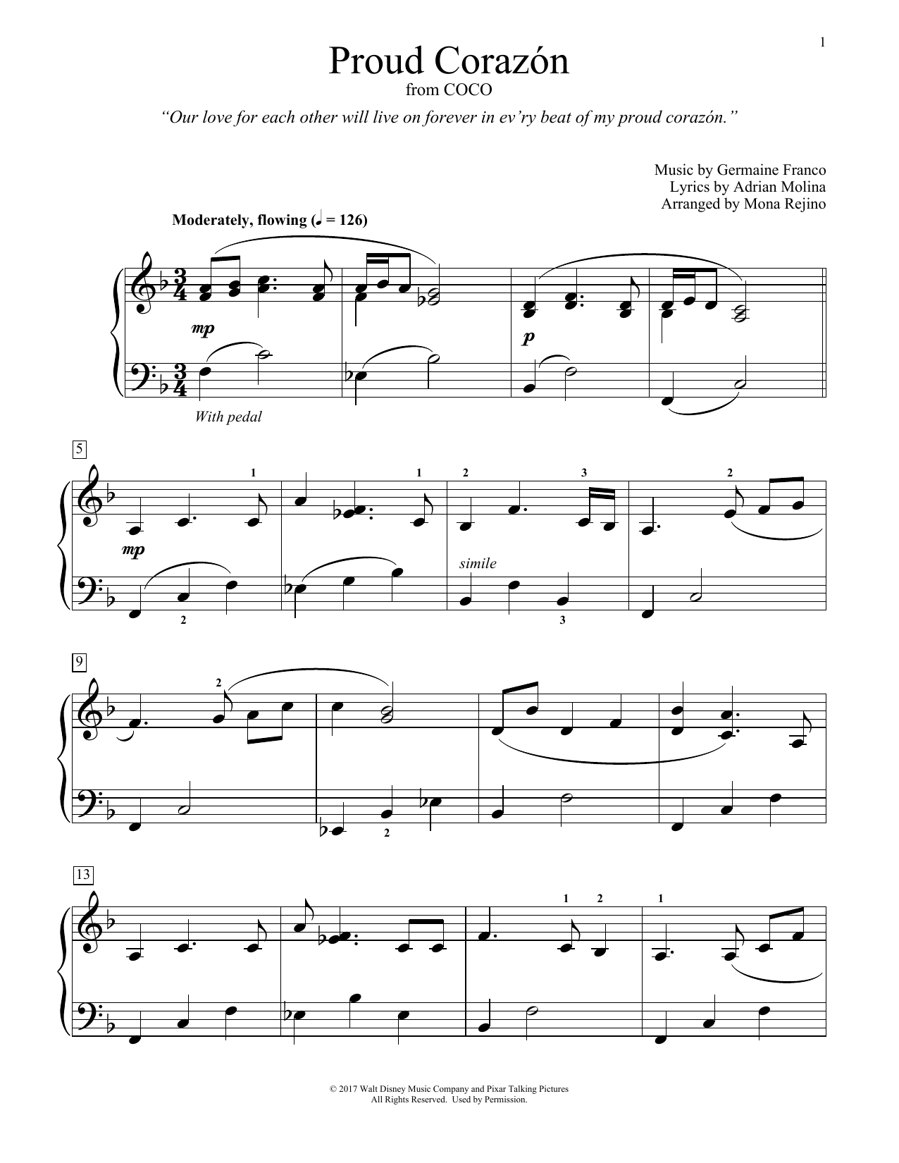 Germaine Franco & Adrian Molina Proud Corazon (from Coco) (arr. Mona Rejino) sheet music notes and chords arranged for Educational Piano