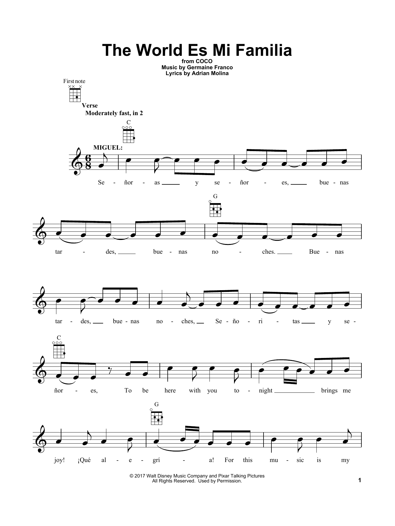 Germaine Franco & Adrian Molina The World Es Mi Familia (from Coco) sheet music notes and chords arranged for Very Easy Piano