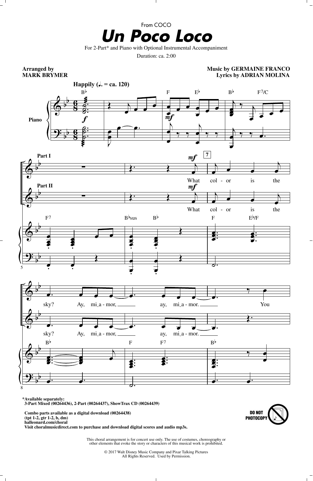 Germaine Franco & Adrian Molina Un Poco Loco (from Coco) (arr. Mark Brymer) sheet music notes and chords arranged for 2-Part Choir