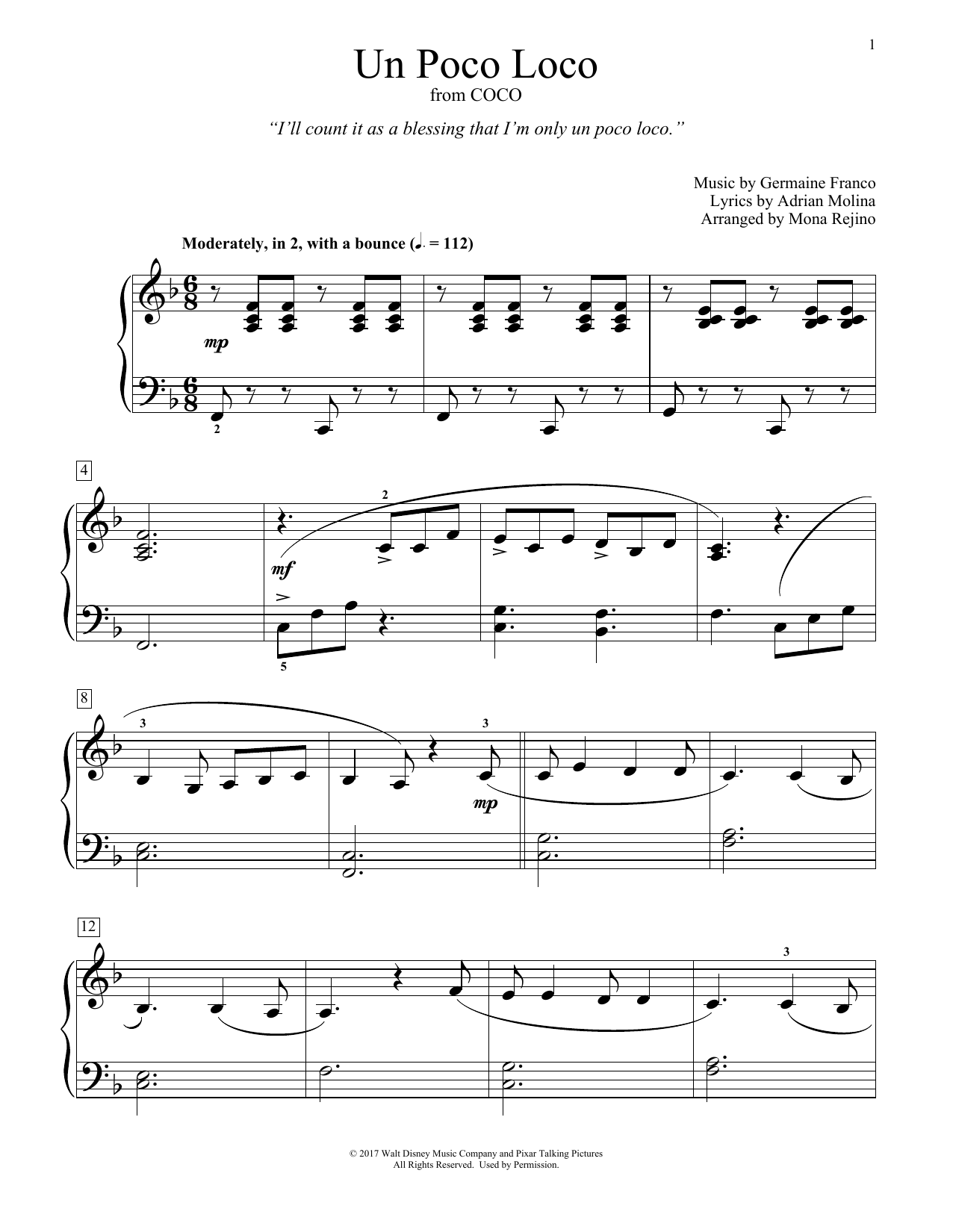 Germaine Franco & Adrian Molina Un Poco Loco (from Coco) (arr. Mona Rejino) sheet music notes and chords arranged for Educational Piano