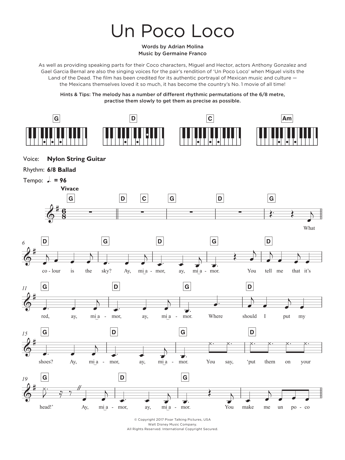 Germaine Franco & Adrian Molina Un Poco Loco (from Coco) sheet music notes and chords arranged for Keyboard (Abridged)