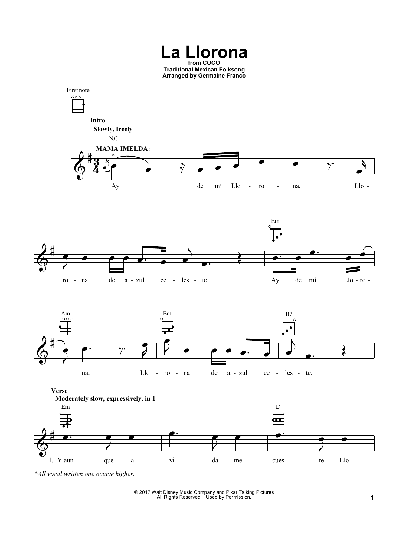 Germaine Franco La Llorona (from Coco) sheet music notes and chords arranged for Easy Piano