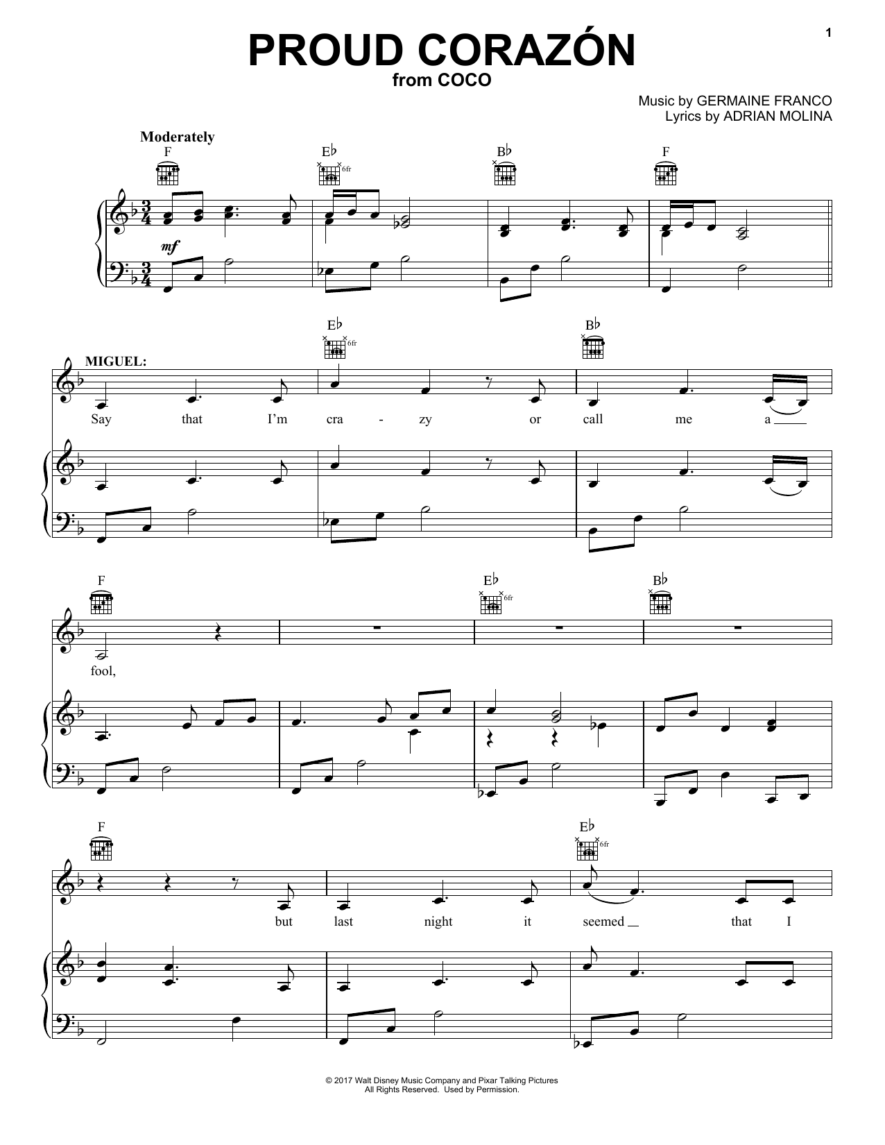 Germaine Franco & Adrian Molina Proud Corazon (from Coco) sheet music notes and chords arranged for Piano, Vocal & Guitar Chords (Right-Hand Melody)