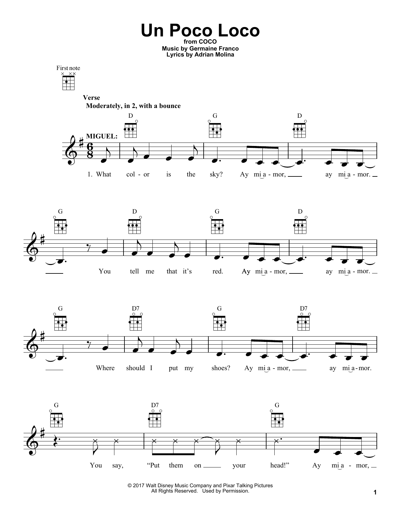 Germaine Franco & Adrian Molina Un Poco Loco (from Coco) sheet music notes and chords arranged for Ukulele