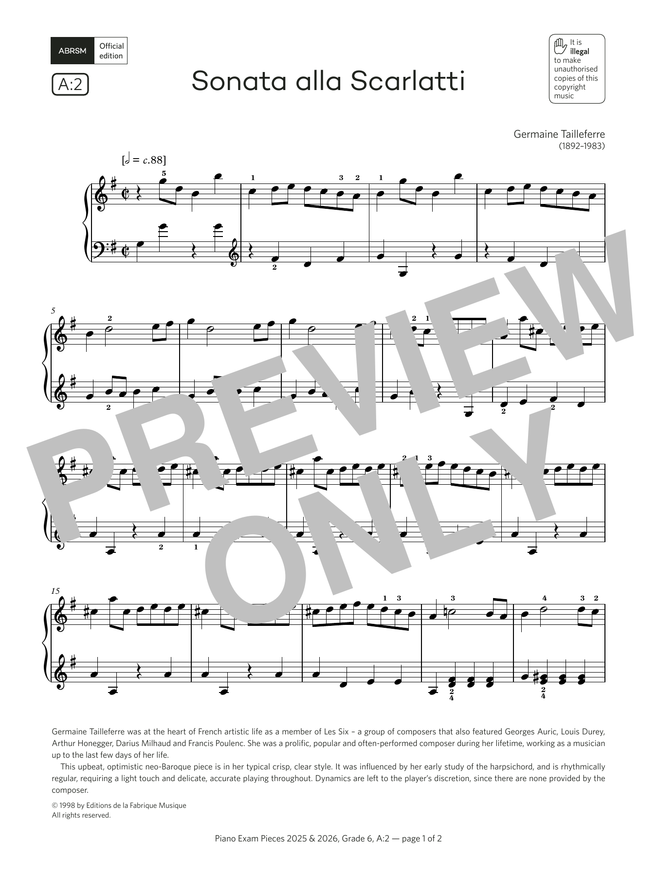Germaine Tailleferre Sonata alla Scarlatti (Grade 6, list A2, from the ABRSM Piano Syllabus 2025 & 2026) sheet music notes and chords arranged for Piano Solo