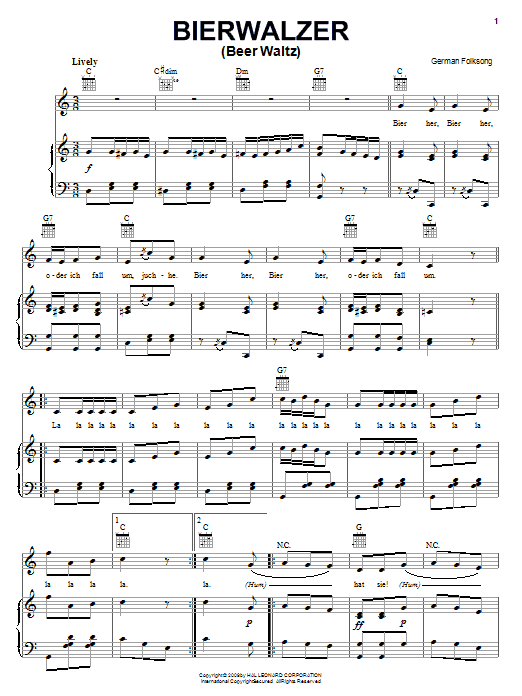German Folksong Bierwalzer sheet music notes and chords arranged for Piano, Vocal & Guitar Chords (Right-Hand Melody)