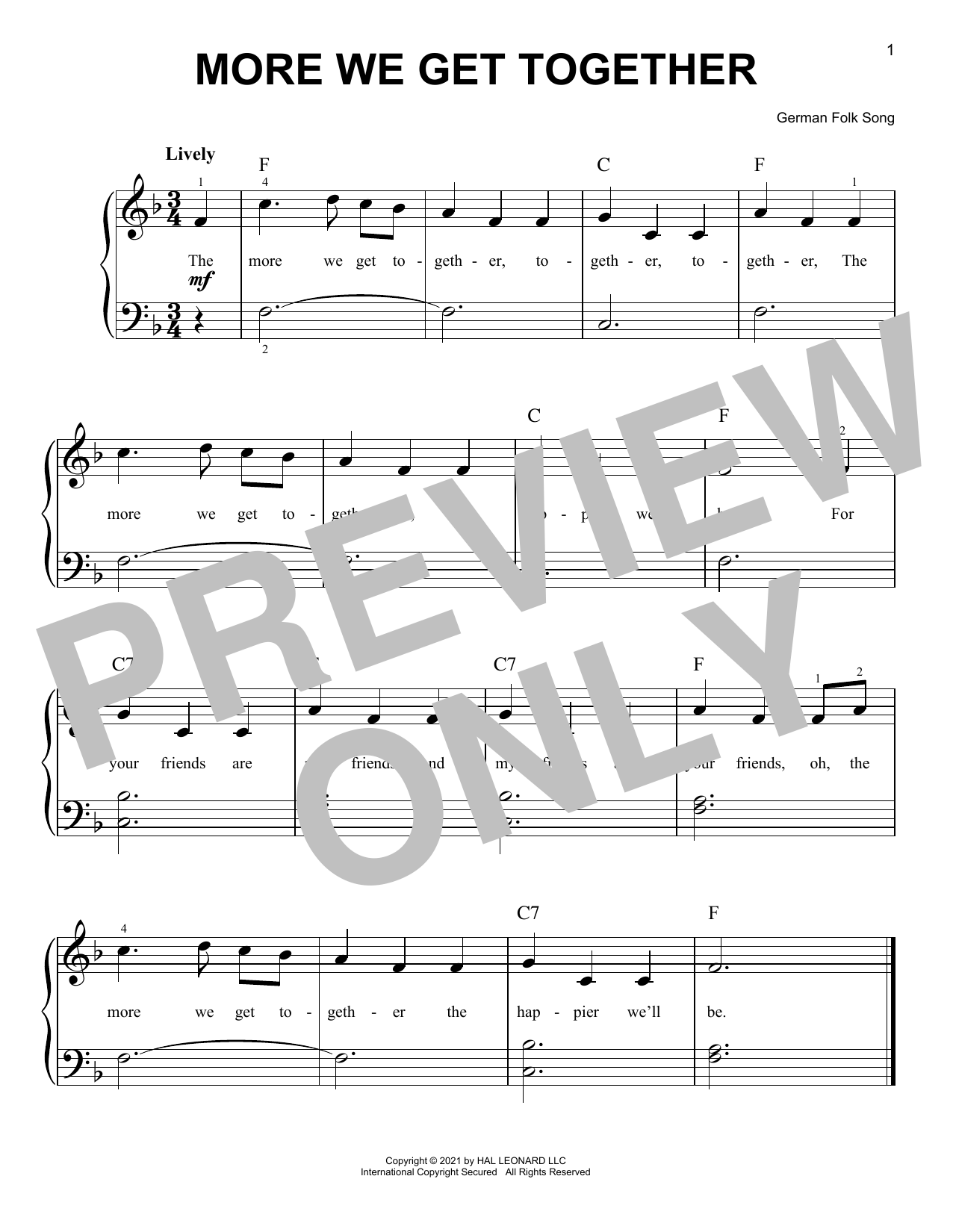 German Folk Song More We Get Together sheet music notes and chords arranged for Easy Piano
