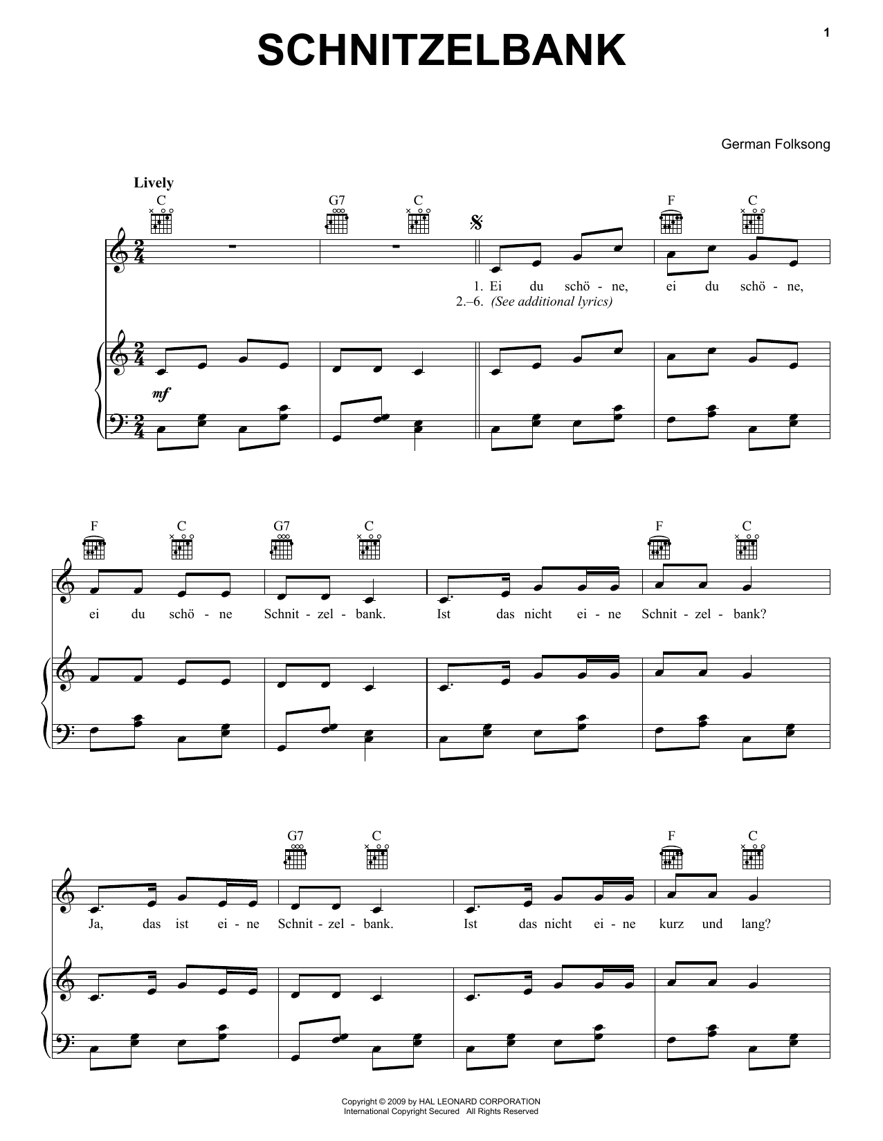 German Folk Song Schnitzelbank sheet music notes and chords arranged for Piano, Vocal & Guitar Chords (Right-Hand Melody)