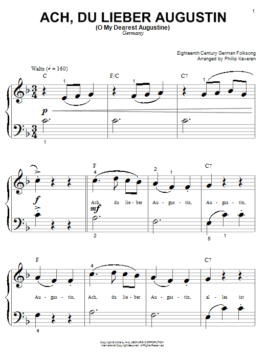 German Folksong Ach Du Lieber Augustin (O My Dearest Augustine) (arr. Phillip Keveren) sheet music notes and chords arranged for Big Note Piano