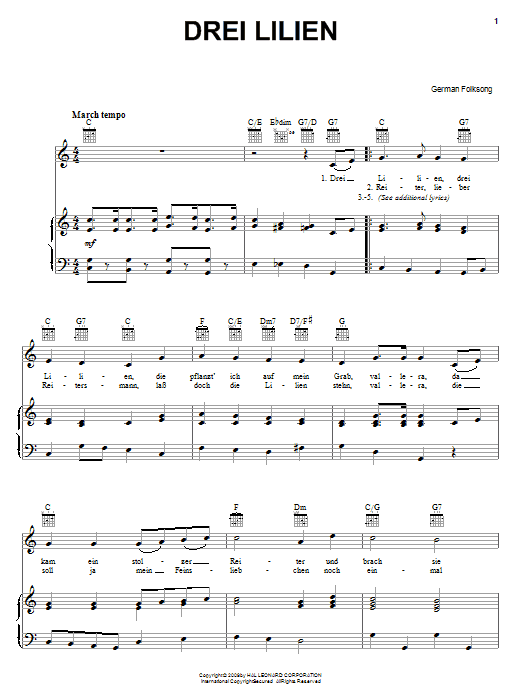 German Folksong Drei Lilien (Three Lilies) sheet music notes and chords arranged for Piano, Vocal & Guitar Chords (Right-Hand Melody)