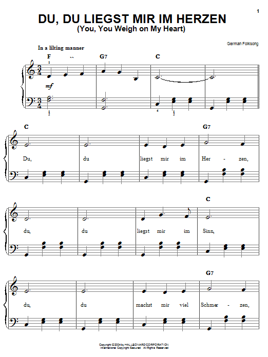 German Folksong Du, Du Liegst Mir Im Herzen (You, You Weigh On My Heart) sheet music notes and chords arranged for Easy Piano
