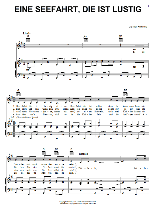 German Folksong Eine Seefahrt, Die Ist Lustig sheet music notes and chords arranged for Piano, Vocal & Guitar Chords (Right-Hand Melody)