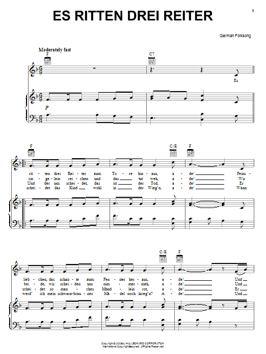 German Folksong Es Ritten Drei Reiter (Three Knights Rode Forth) sheet music notes and chords arranged for Piano, Vocal & Guitar Chords (Right-Hand Melody)