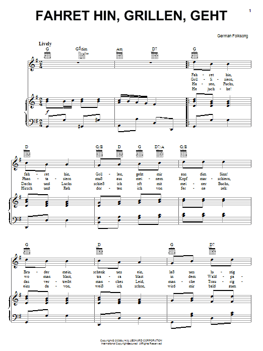 German Folksong Fahret Hin, Grillen, Geht sheet music notes and chords arranged for Piano, Vocal & Guitar Chords (Right-Hand Melody)