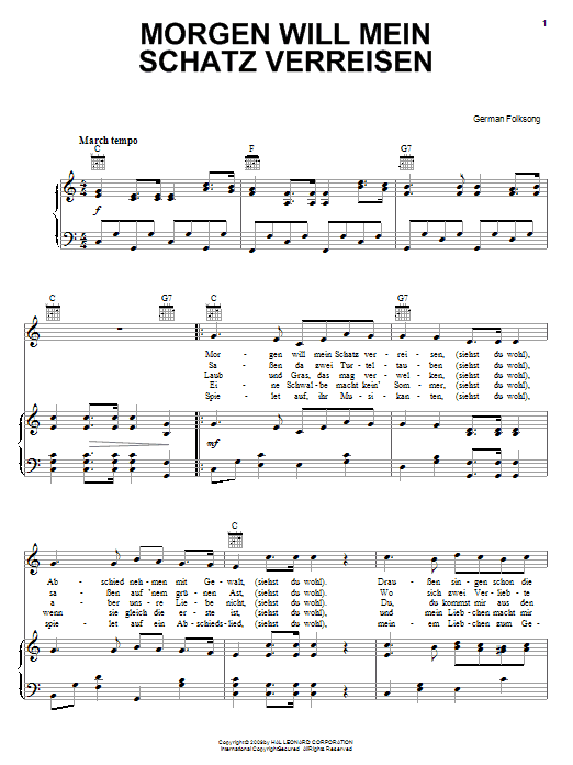 German Folksong Morgen Will Mein Schatz Verreisen sheet music notes and chords arranged for Piano, Vocal & Guitar Chords (Right-Hand Melody)