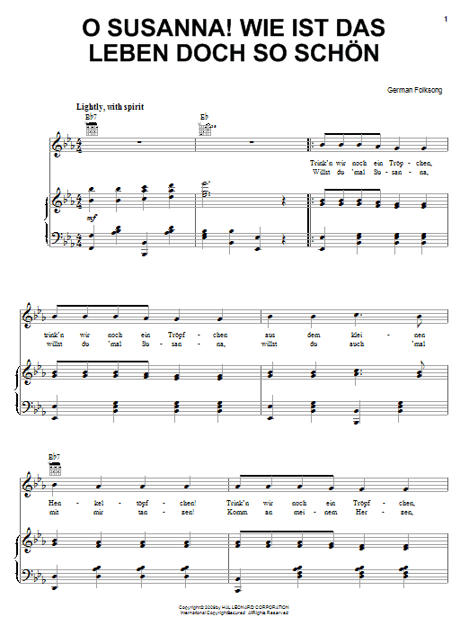 German Folksong O Susanna! Wie Ist Das Leben So Schon sheet music notes and chords arranged for Piano, Vocal & Guitar Chords (Right-Hand Melody)