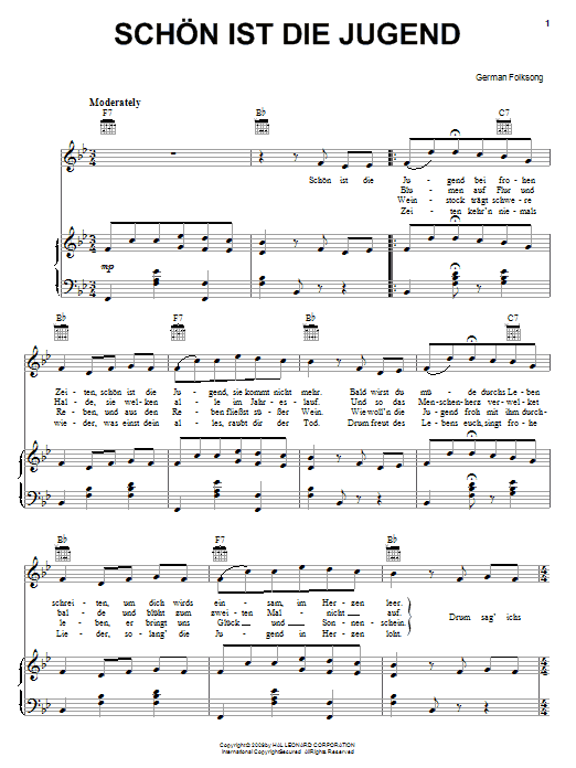 German Folksong Schon Ist Die Jugend (Youth, It Is Beautiful) sheet music notes and chords arranged for Piano, Vocal & Guitar Chords (Right-Hand Melody)