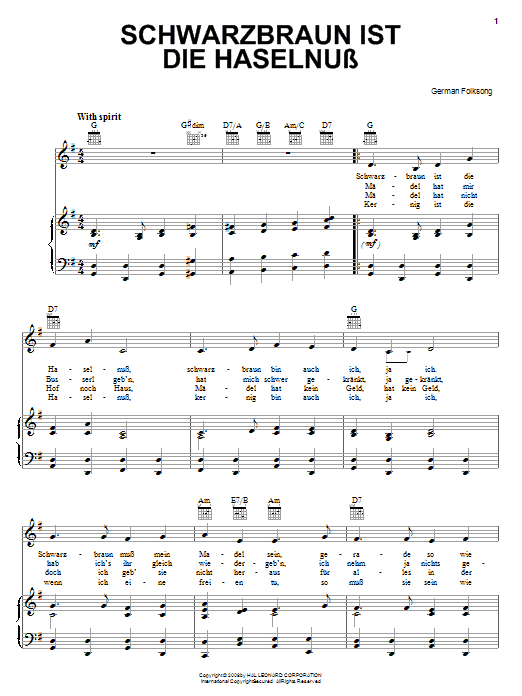 German Folksong Schwarzbraun Ist Die Haselnuss sheet music notes and chords arranged for Piano, Vocal & Guitar Chords (Right-Hand Melody)