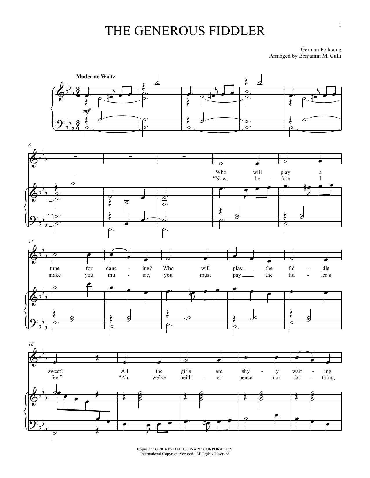 German Folksong The Generous Fiddler sheet music notes and chords arranged for Piano & Vocal