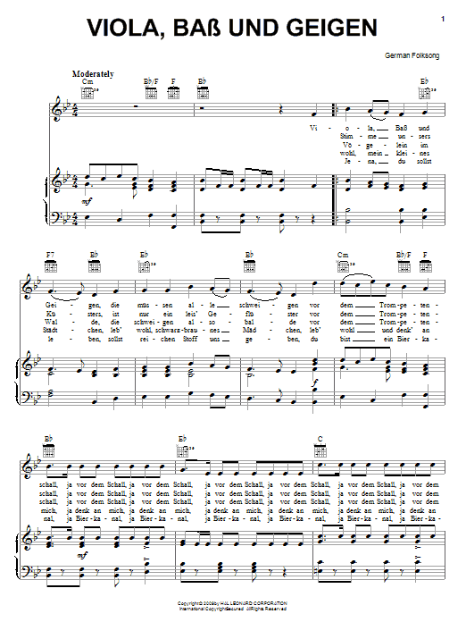 German Folksong Viola, Bass Und Geigen sheet music notes and chords arranged for Piano, Vocal & Guitar Chords (Right-Hand Melody)