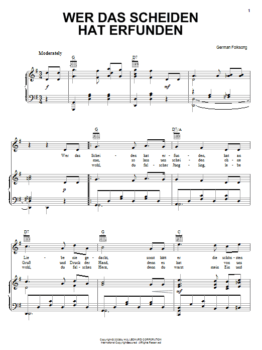 German Folksong Wer Das Scheiden Hat Erfunden (He Knew Not To Love) sheet music notes and chords arranged for Piano, Vocal & Guitar Chords (Right-Hand Melody)