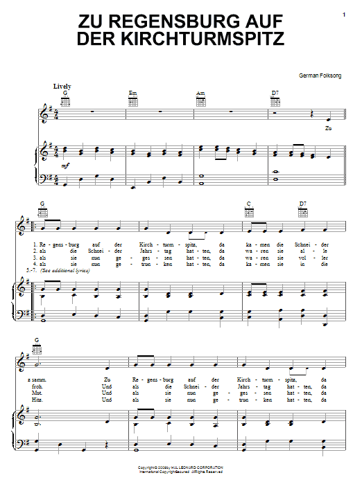 German Folksong Zu Regensburg Auf Der Kirchturmspitz sheet music notes and chords arranged for Piano, Vocal & Guitar Chords (Right-Hand Melody)