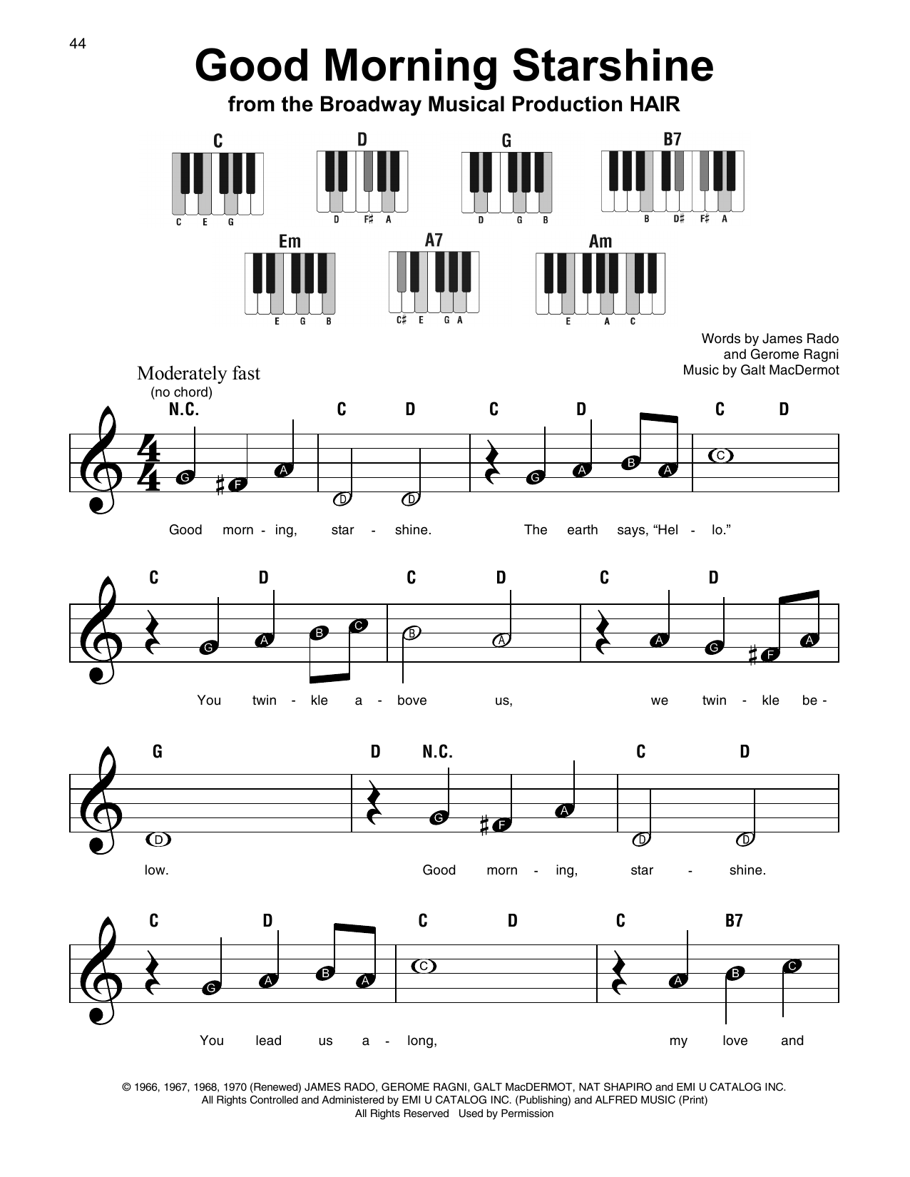 Gerome Ragni Good Morning Starshine sheet music notes and chords arranged for Super Easy Piano