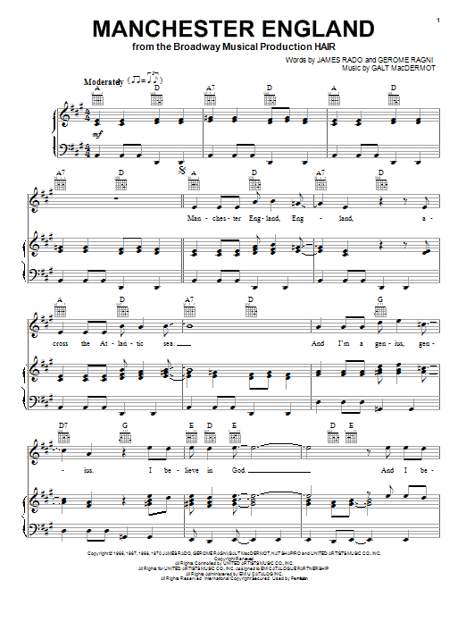 Gerome Ragni Manchester England sheet music notes and chords arranged for Piano, Vocal & Guitar Chords (Right-Hand Melody)