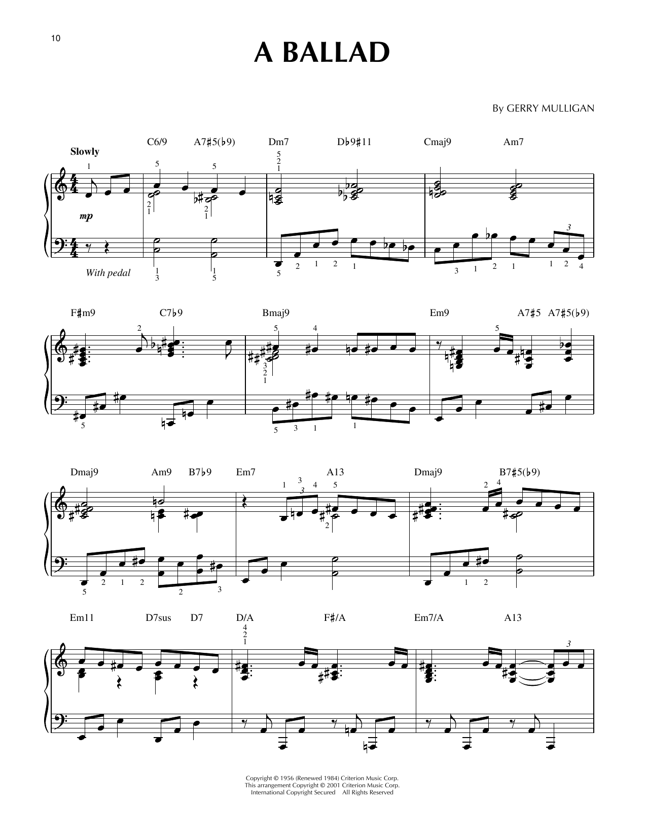 Gerry Mulligan A Ballad (arr. Brent Edstrom & Jim Sodke) sheet music notes and chords arranged for Piano Solo