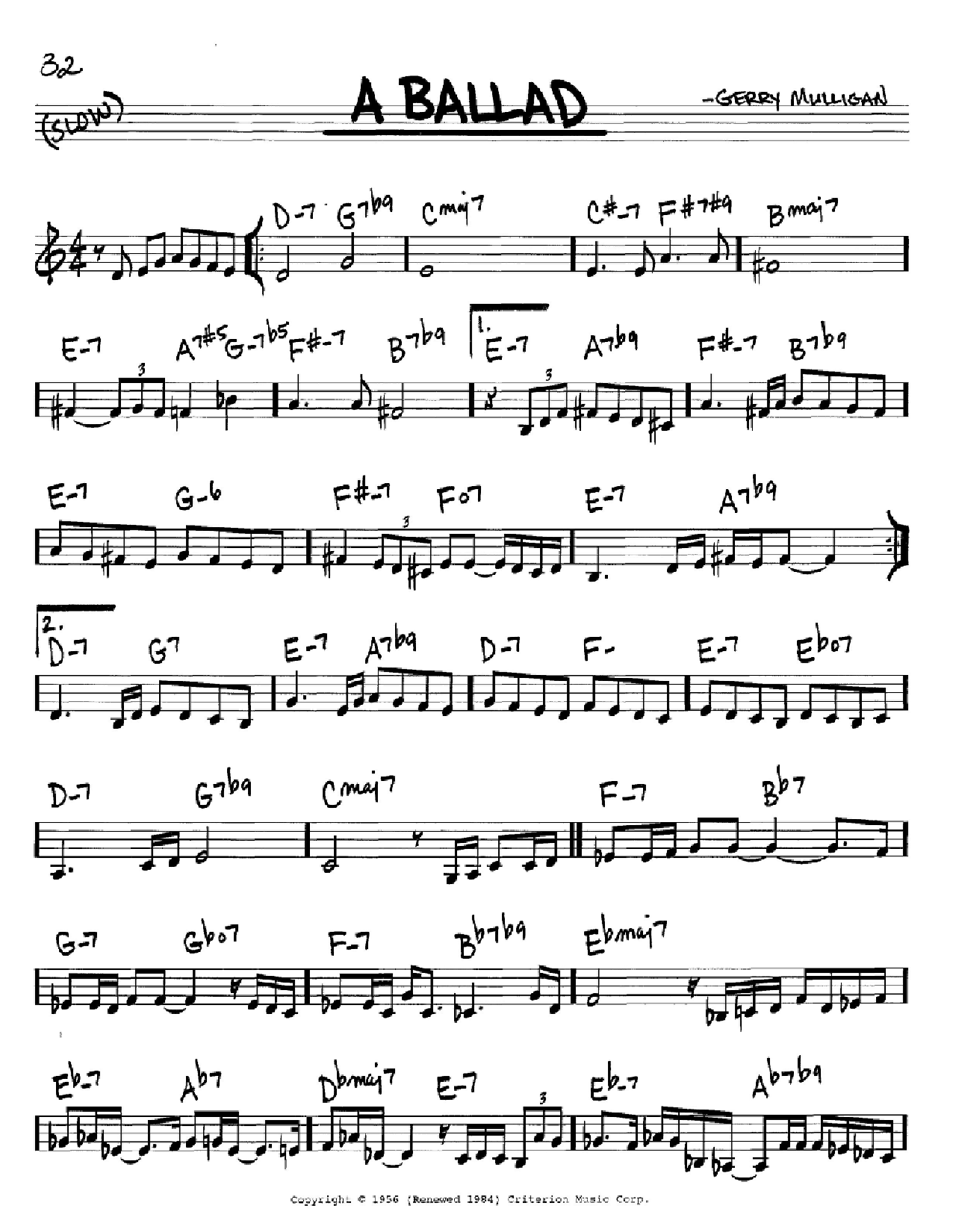 Gerry Mulligan A Ballad sheet music notes and chords arranged for Baritone Sax Transcription