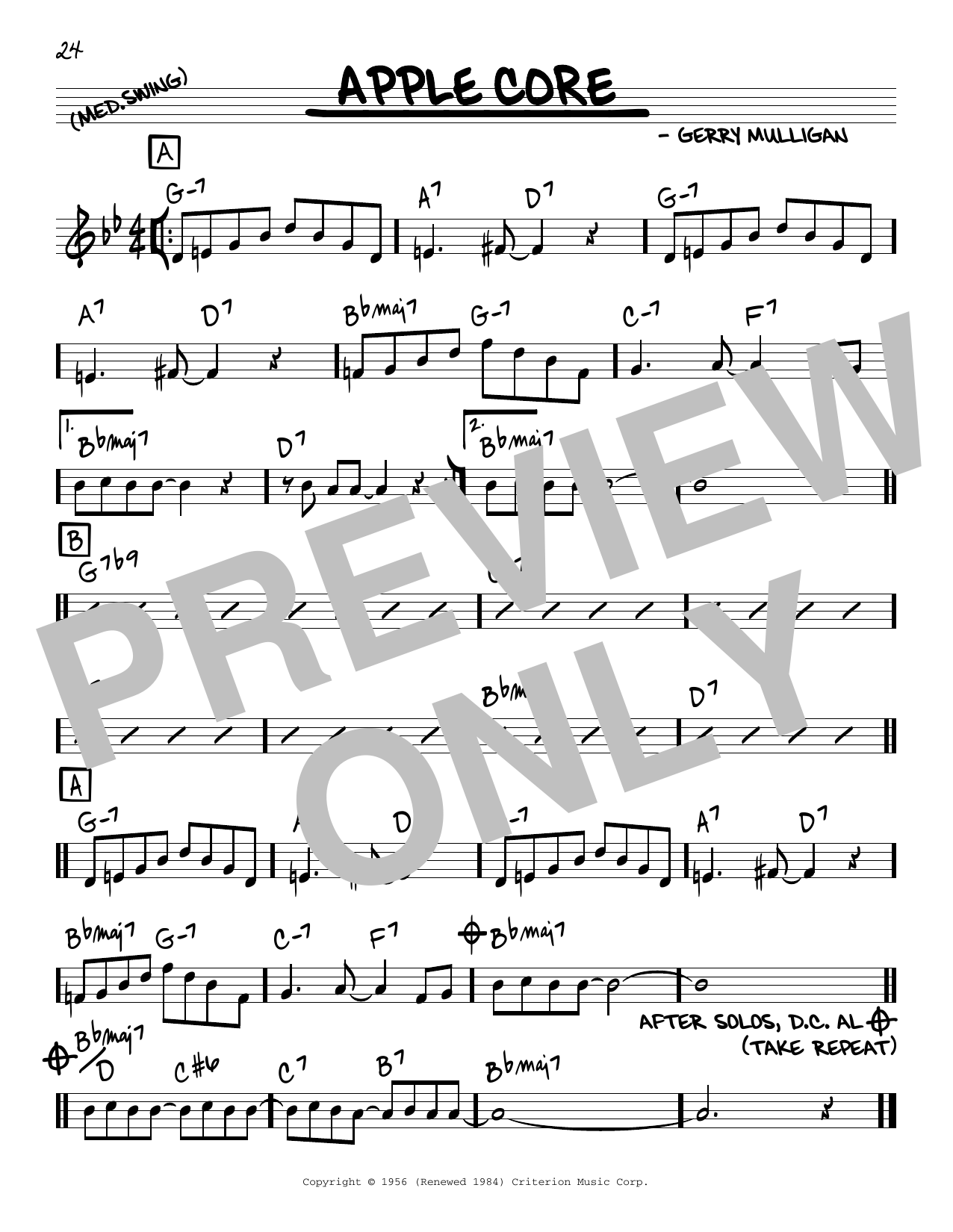 Gerry Mulligan Apple Core sheet music notes and chords arranged for Real Book – Melody & Chords