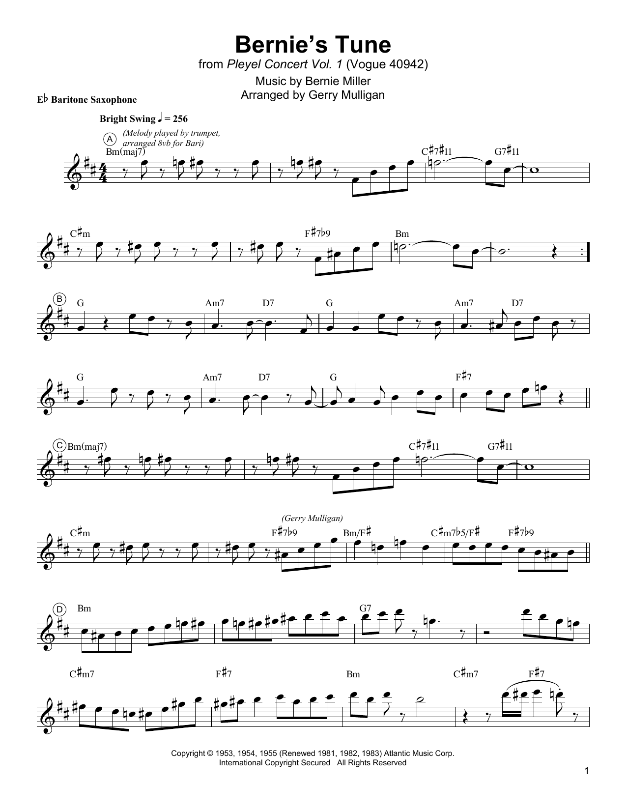 Gerry Mulligan Bernie's Tune sheet music notes and chords arranged for Baritone Sax Transcription