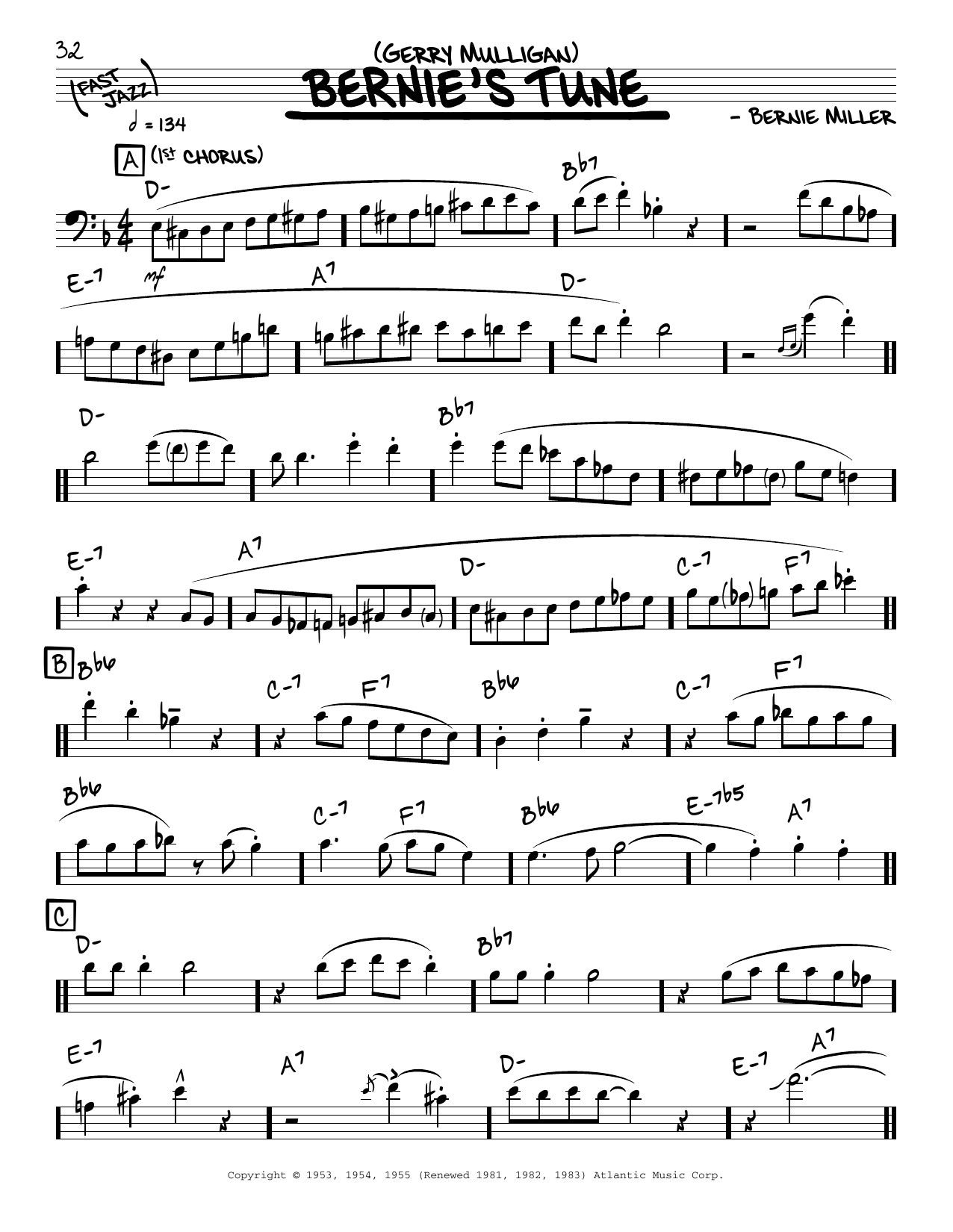 Gerry Mulligan Bernie's Tune (solo only) sheet music notes and chords arranged for Real Book – Melody & Chords
