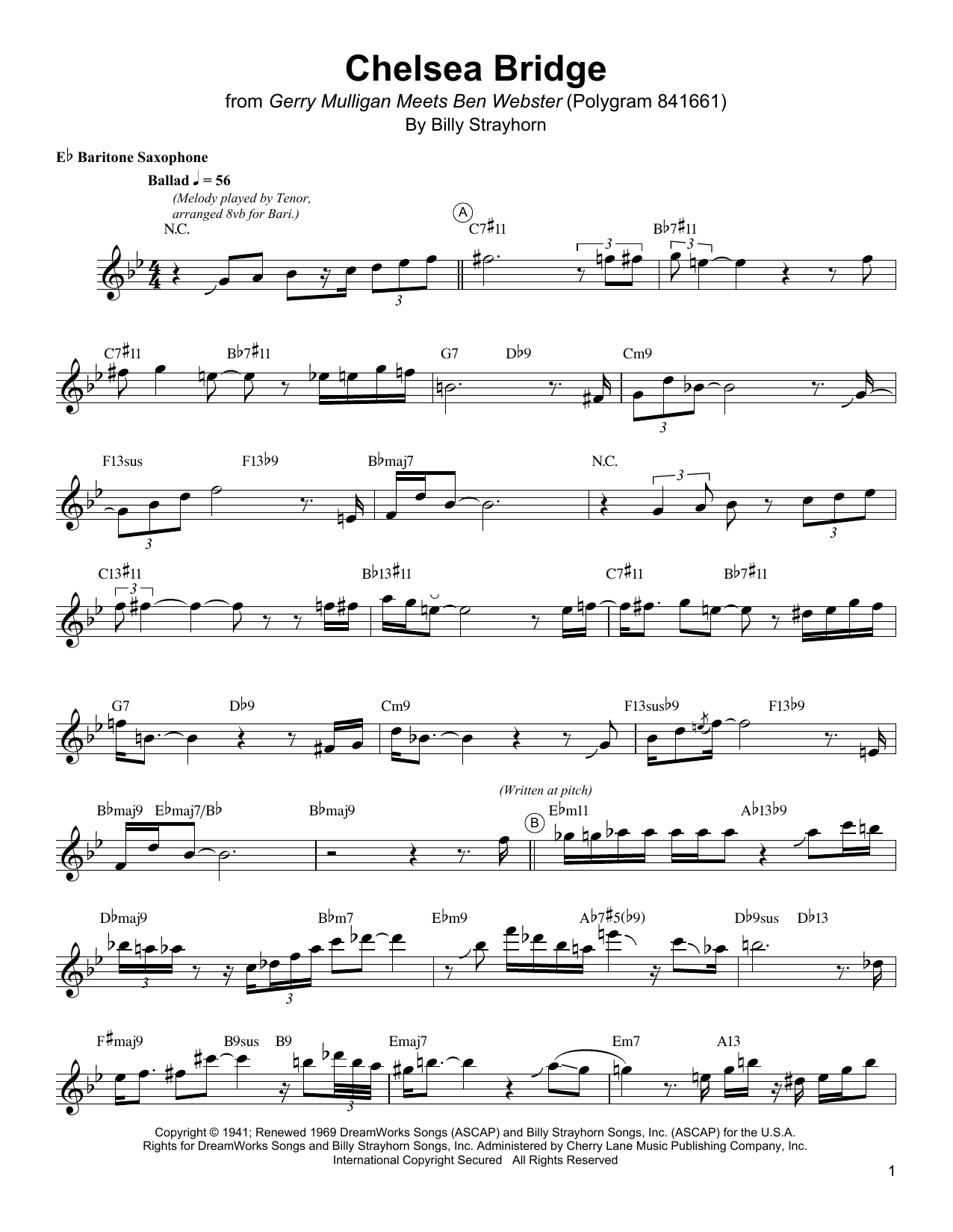 Gerry Mulligan Chelsea Bridge sheet music notes and chords arranged for Baritone Sax Transcription