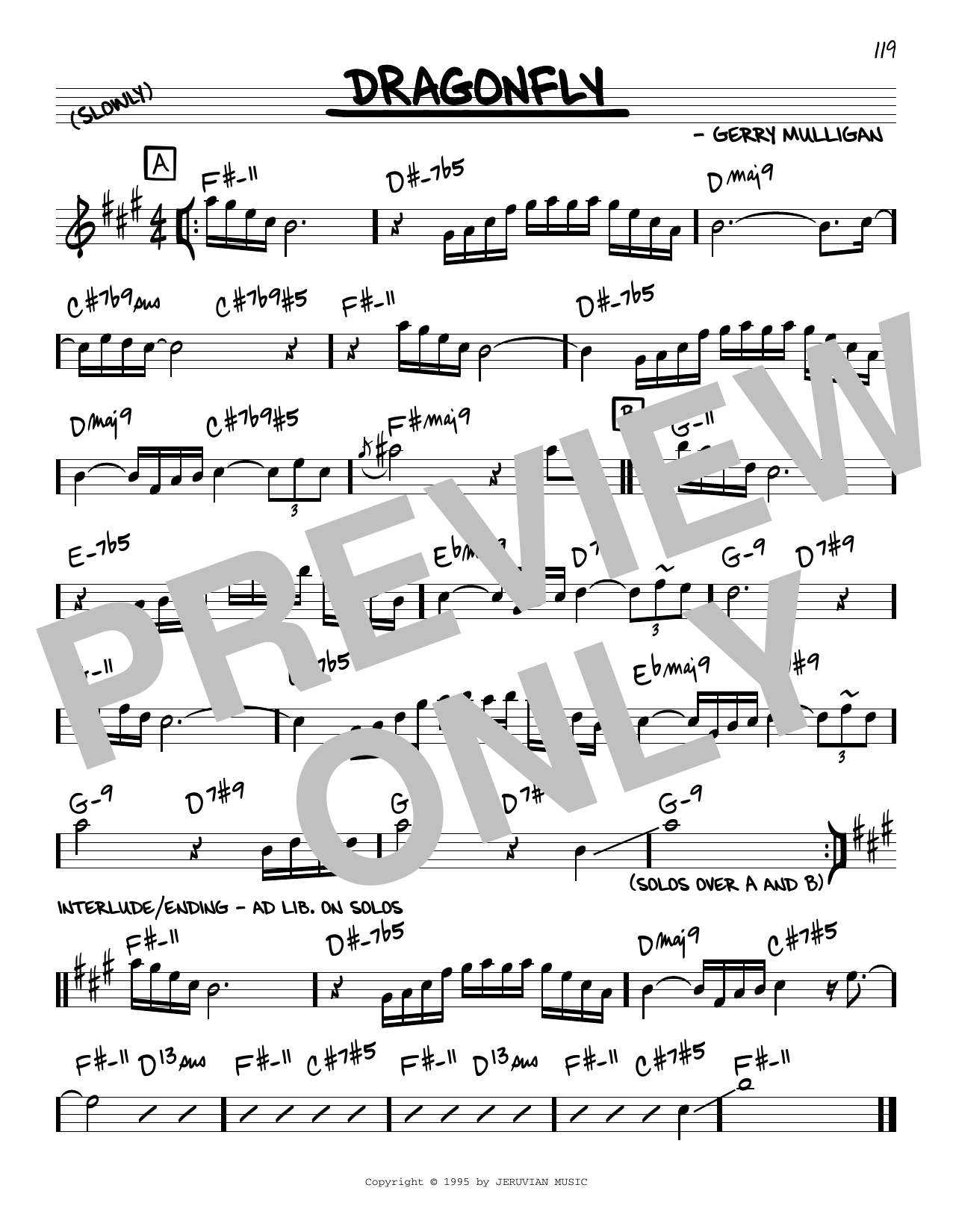 Gerry Mulligan Dragonfly sheet music notes and chords arranged for Real Book – Melody & Chords