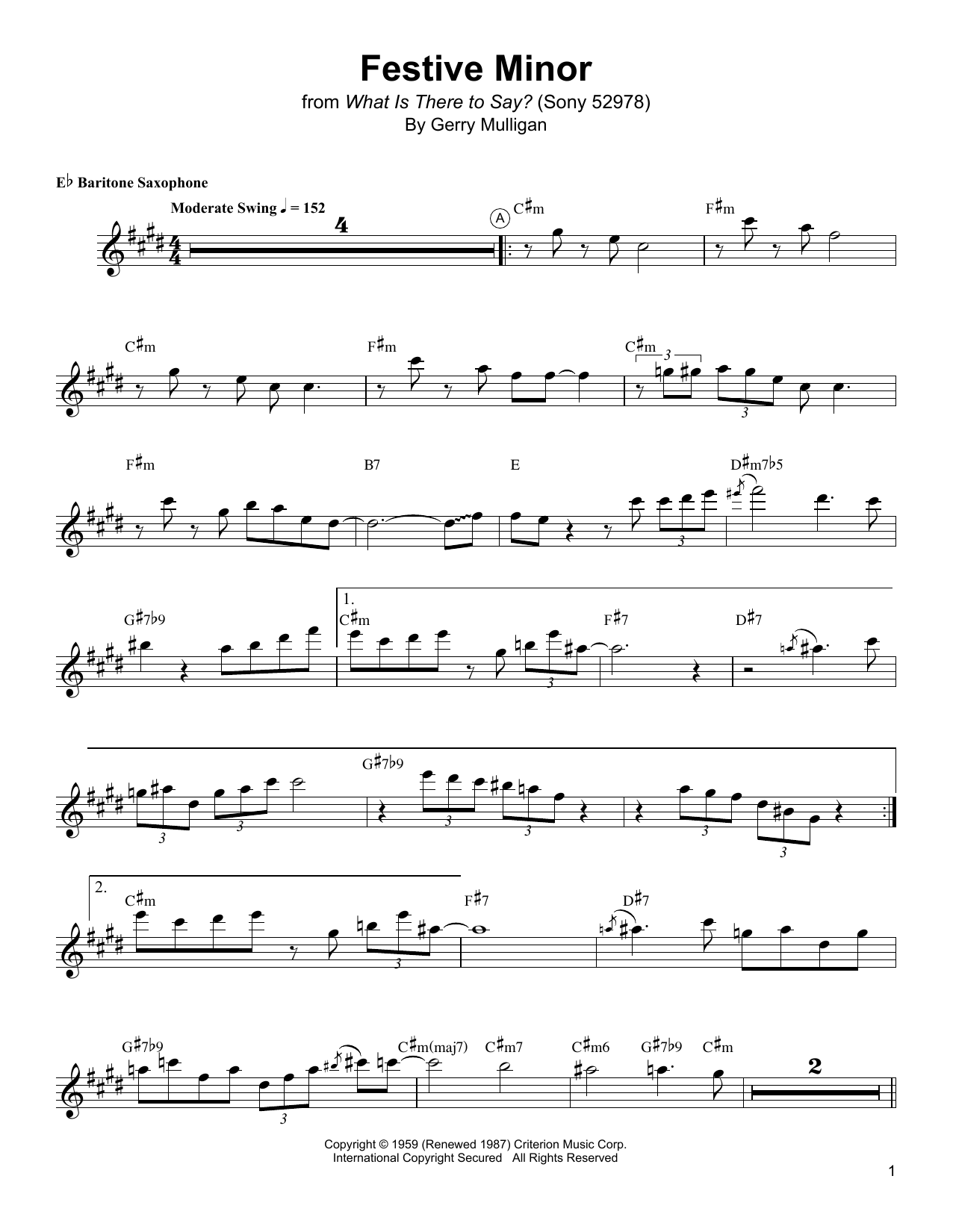 Gerry Mulligan Festive Minor sheet music notes and chords arranged for Baritone Sax Transcription