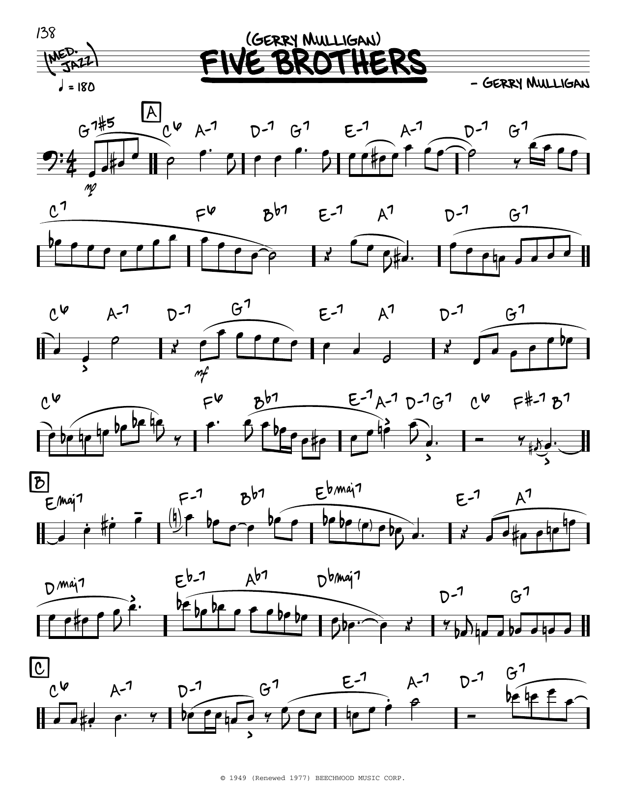 Gerry Mulligan Five Brothers (solo only) sheet music notes and chords arranged for Real Book – Melody & Chords