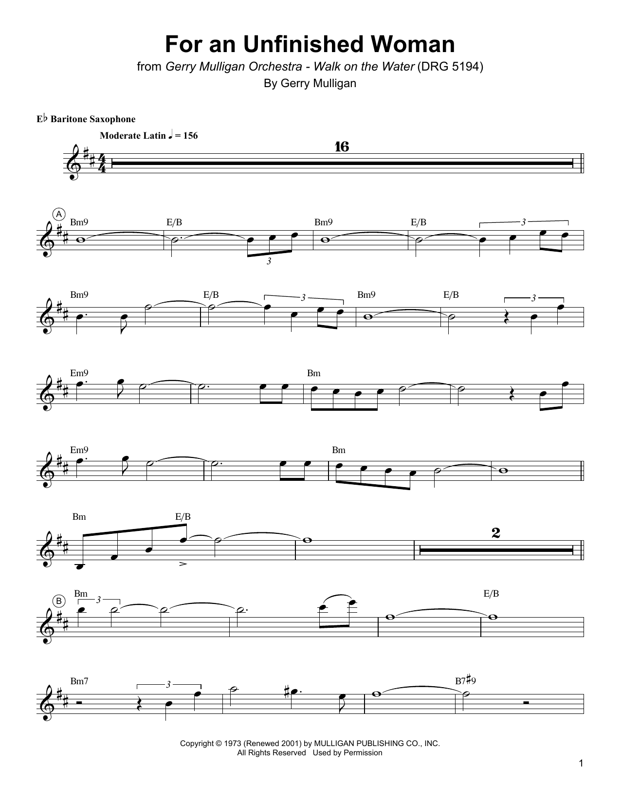 Gerry Mulligan For An Unfinished Woman sheet music notes and chords arranged for Baritone Sax Transcription