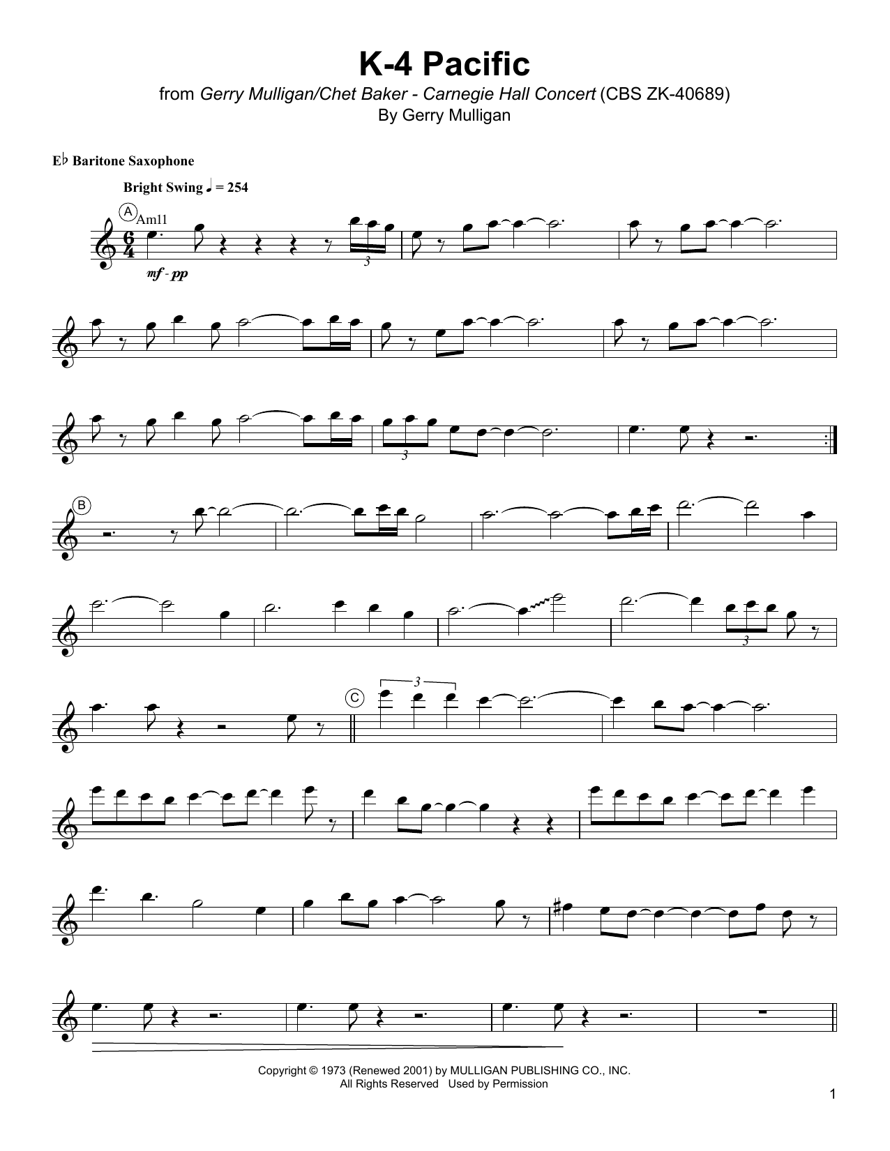 Gerry Mulligan K-4 Pacific sheet music notes and chords arranged for Baritone Sax Transcription