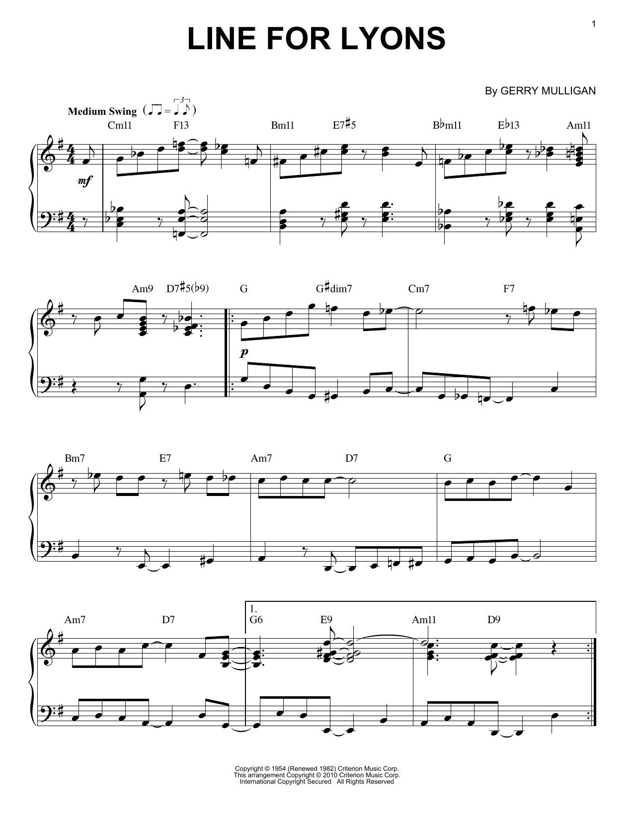 Gerry Mulligan Line For Lyons (arr. Brent Edstrom) sheet music notes and chords arranged for Piano Solo